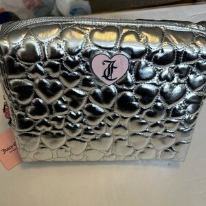 Juicy Couture Silver Heart Cosmetic Quilted Travel Makeup Bag W/1 Travel Bottle